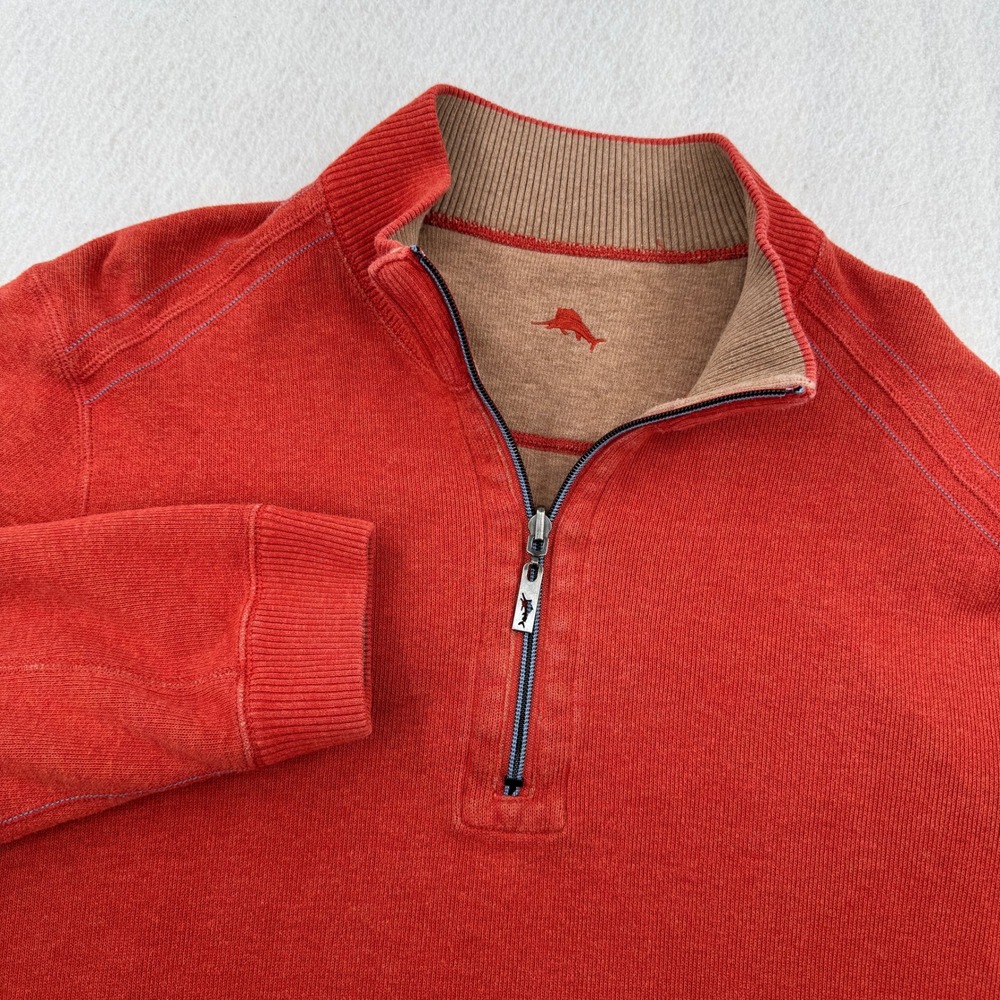 Tommy Bahama Mens L Reversible Quarter Zip Pullover Sweater Orange/Tan Coastal
